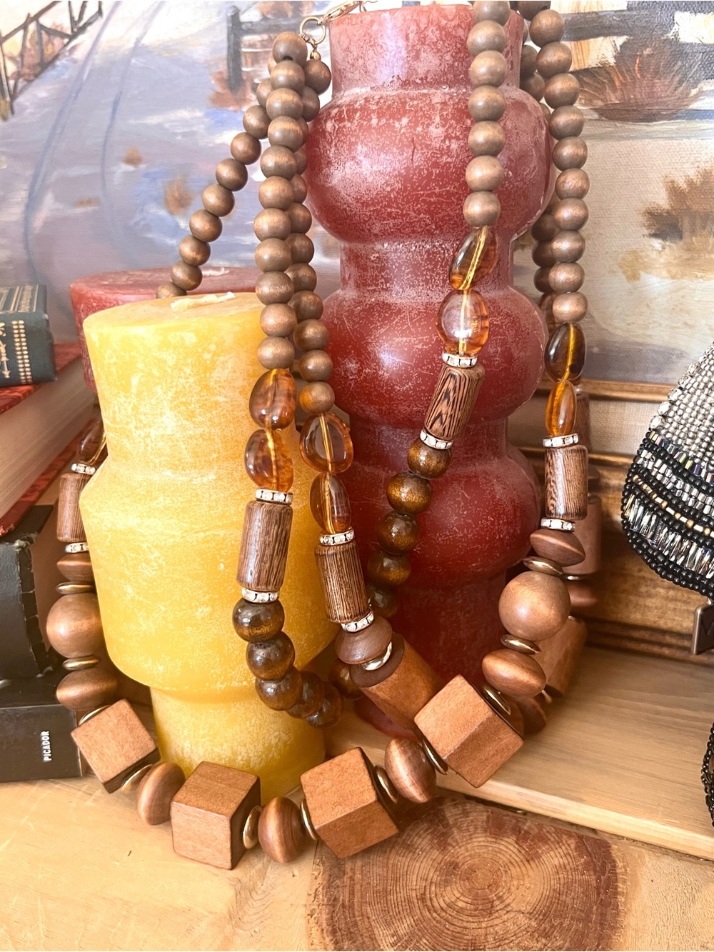 Vintage Cato 1946 Wood Bead Multi Strand Necklace With Acrylic Beads
